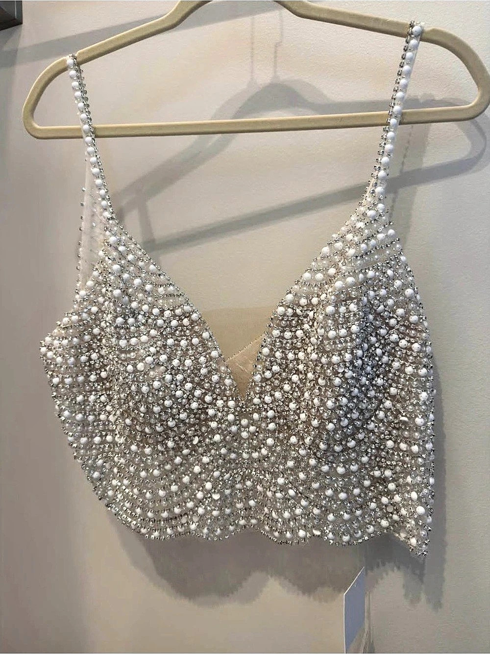 DB Studio Beaded Spaghetti Strap Separate Top Beaded Crop Top in White & Silver